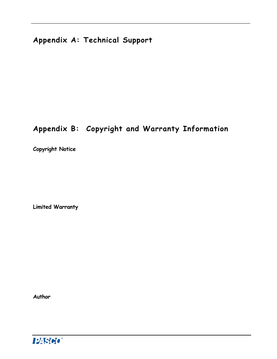Appendix a: technical support, Appendix b: copyright and warranty information | PASCO ME-9812 Roller Coaster User Manual | Page 22 / 22