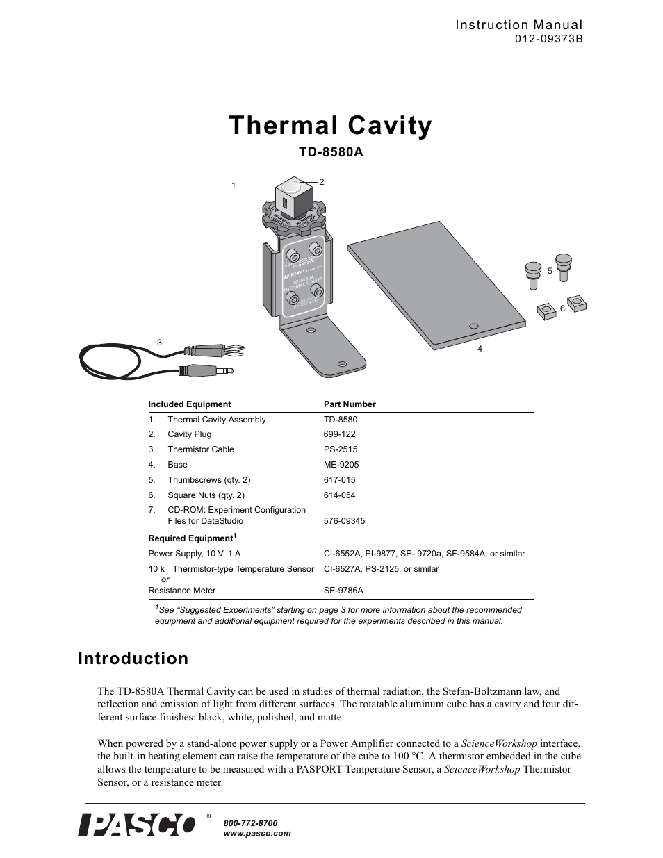 PASCO TD-8580A Thermal Cavity User Manual | 8 pages