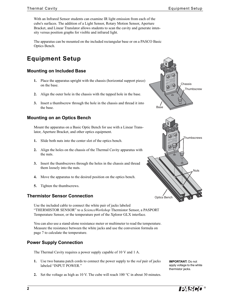 Equipment setup, Mounting on included base, Mounting on an optics bench | Thermistor sensor connection, Power supply connection | PASCO TD-8580A Thermal Cavity User Manual | Page 2 / 8