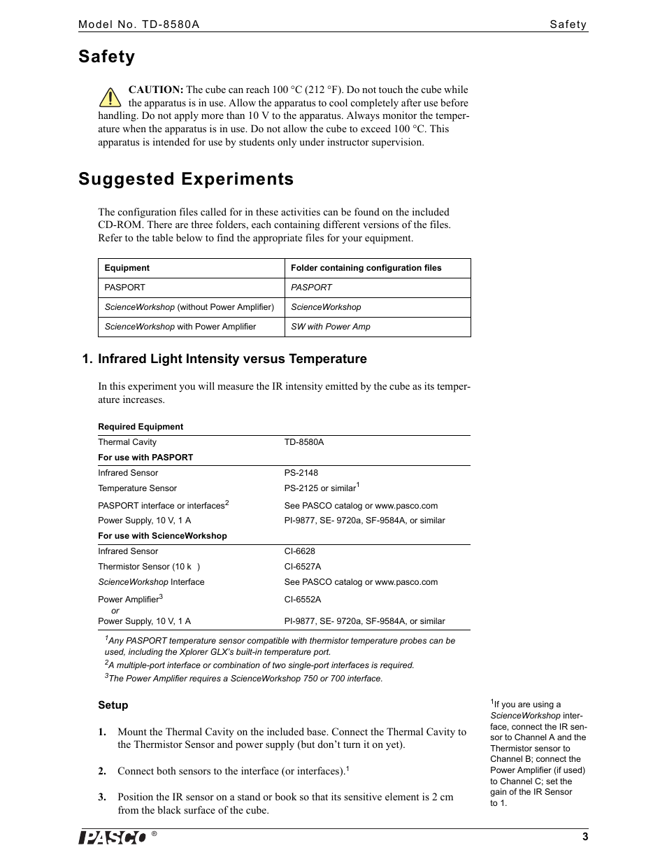 Safety, Suggested experiments, Infrared light intensity versus temperature | PASCO TD-8580A Thermal Cavity User Manual | Page 3 / 8