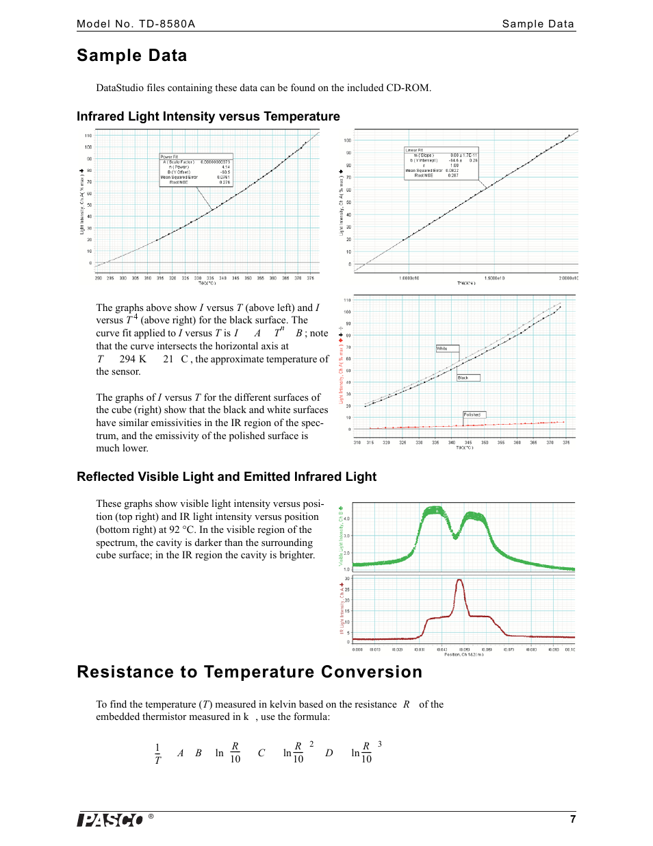 Sample data, Resistance to temperature conversion | PASCO TD-8580A Thermal Cavity User Manual | Page 7 / 8