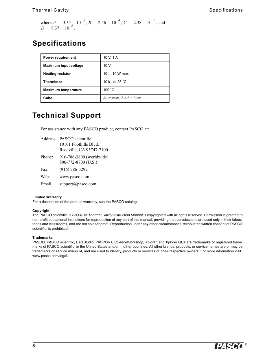 Specifications technical support | PASCO TD-8580A Thermal Cavity User Manual | Page 8 / 8