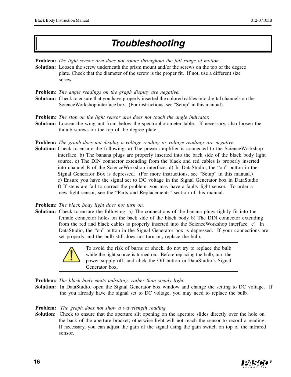 Troubleshooting | PASCO OS-8542 BLACK BODY LIGHT SOURCE User Manual | Page 20 / 23