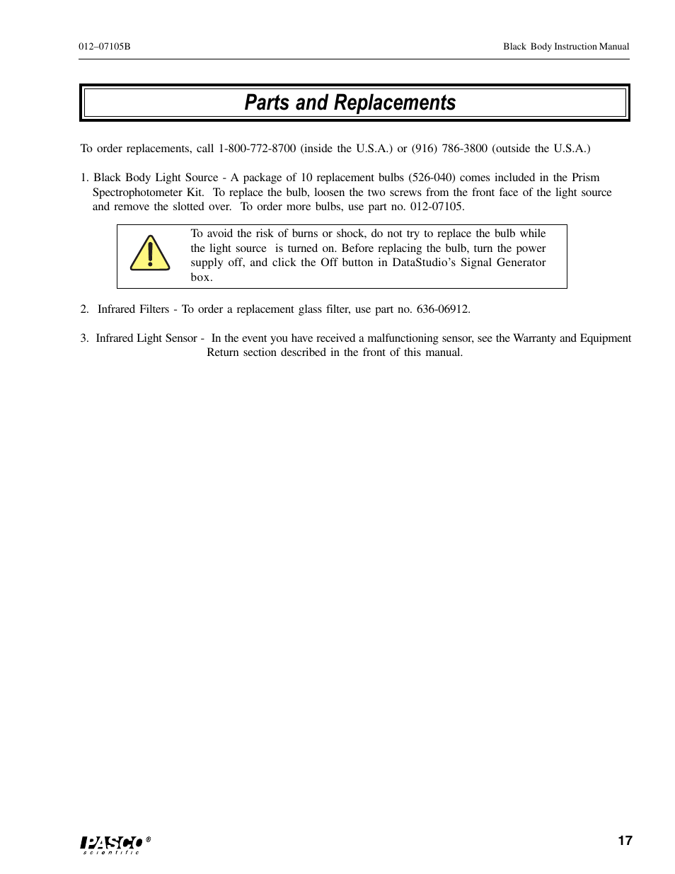 Parts and replacements | PASCO OS-8542 BLACK BODY LIGHT SOURCE User Manual | Page 21 / 23