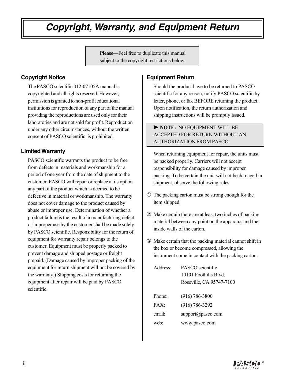 Copyright, warranty, and equipment return | PASCO OS-8542 BLACK BODY LIGHT SOURCE User Manual | Page 4 / 23