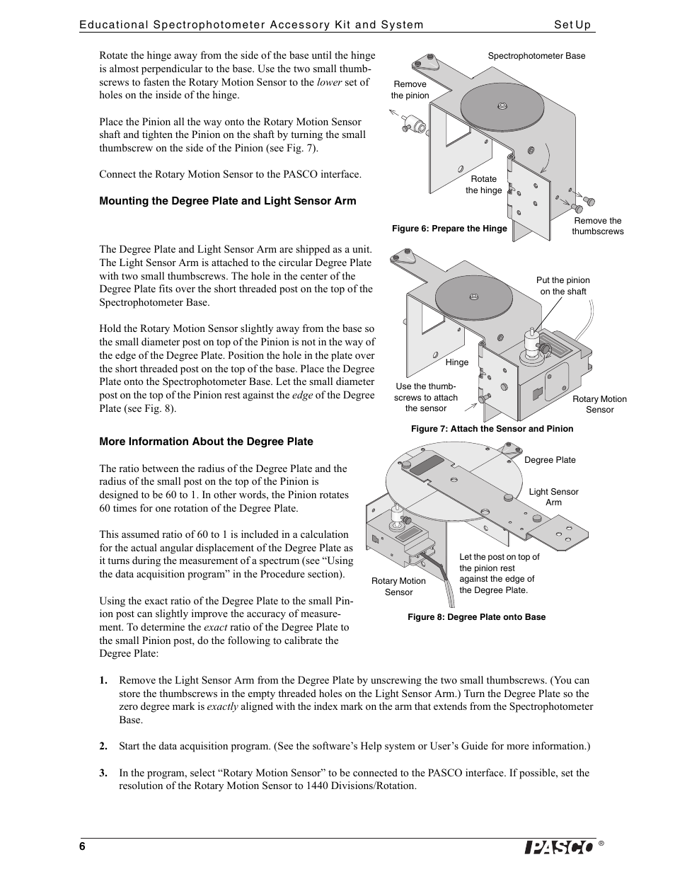 Spectrophotometer base, Put the pinion on the shaft, Rotary motion sensor | Remove the thumbscrews | PASCO OS-8539 Educational Spectrophotometer User Manual | Page 10 / 32