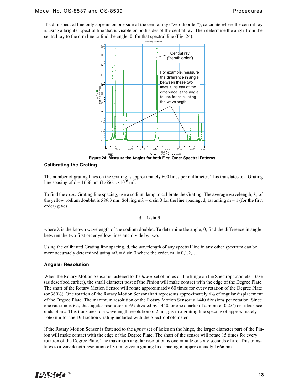 Central ray (“zeroth order”) | PASCO OS-8539 Educational Spectrophotometer User Manual | Page 17 / 32