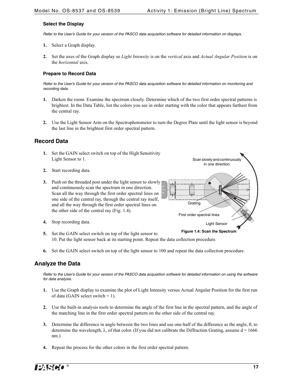 Grating, Record data, Analyze the data | PASCO OS-8539 Educational Spectrophotometer User Manual | Page 21 / 32