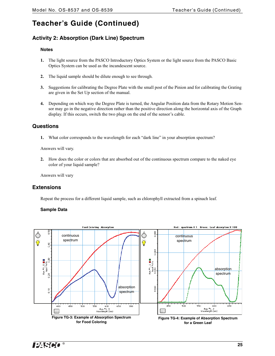 Teacher’s guide (continued), Activity 2: absorption (dark line) spectrum, Questions | Extensions | PASCO OS-8539 Educational Spectrophotometer User Manual | Page 29 / 32