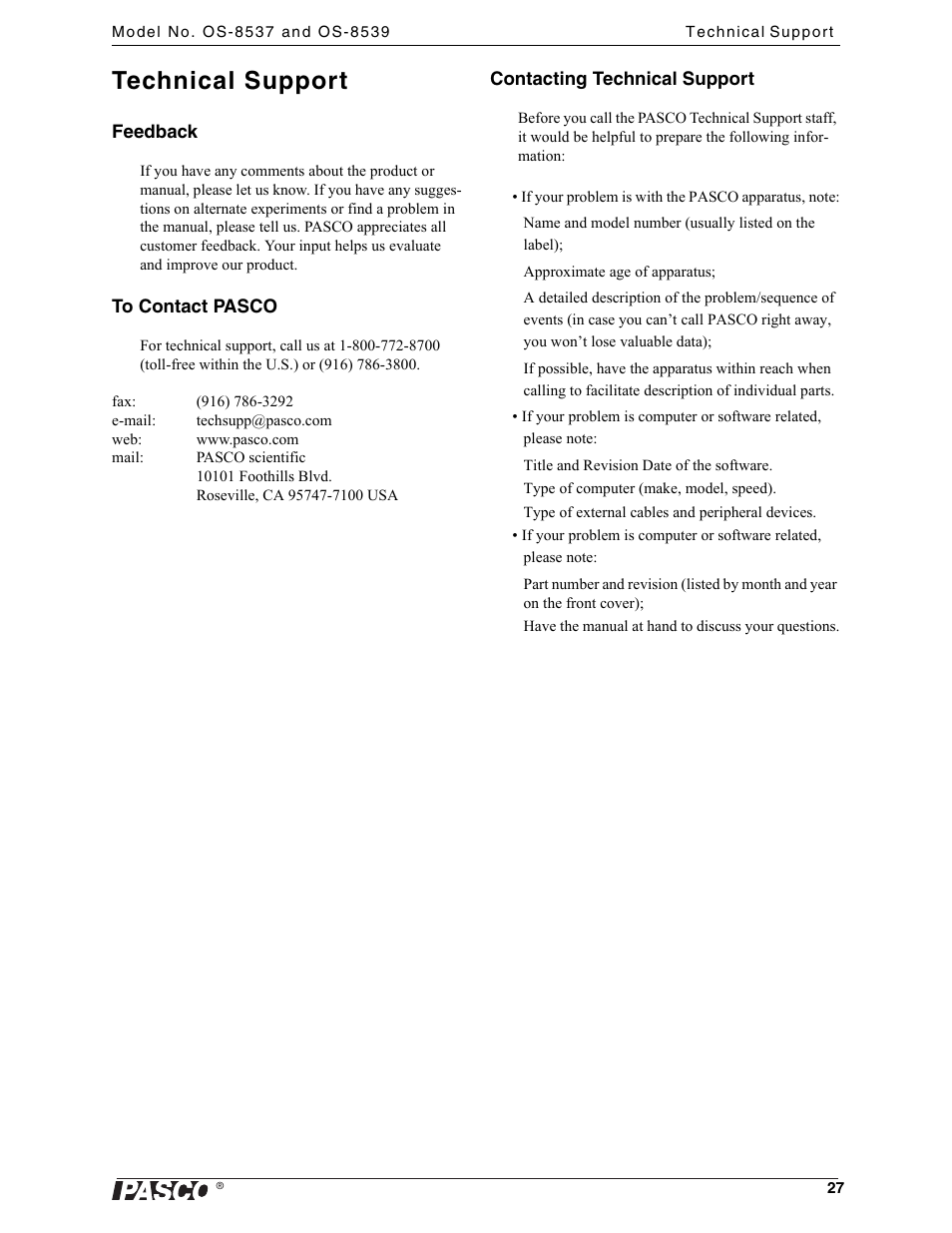 Technical support | PASCO OS-8539 Educational Spectrophotometer User Manual | Page 31 / 32