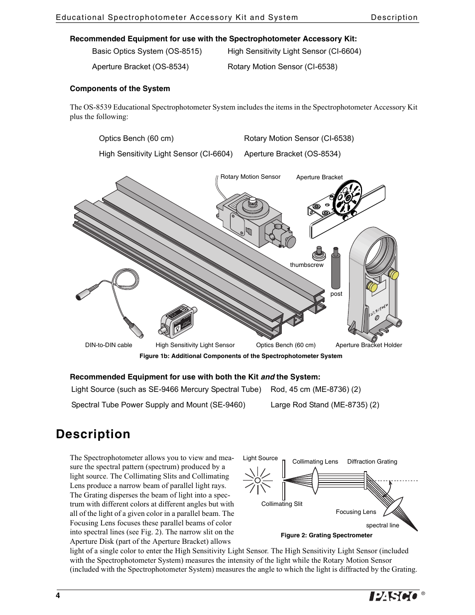 Rotary motion sensor, Description, Light source | PASCO OS-8539 Educational Spectrophotometer User Manual | Page 8 / 32