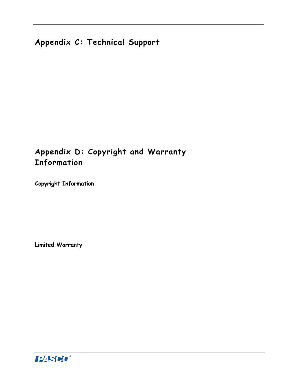 Appendix c: technical support, Appendix d: copyright and warranty information | PASCO CI-6460 Force Sensor Balance Stand User Manual | Page 14 / 14