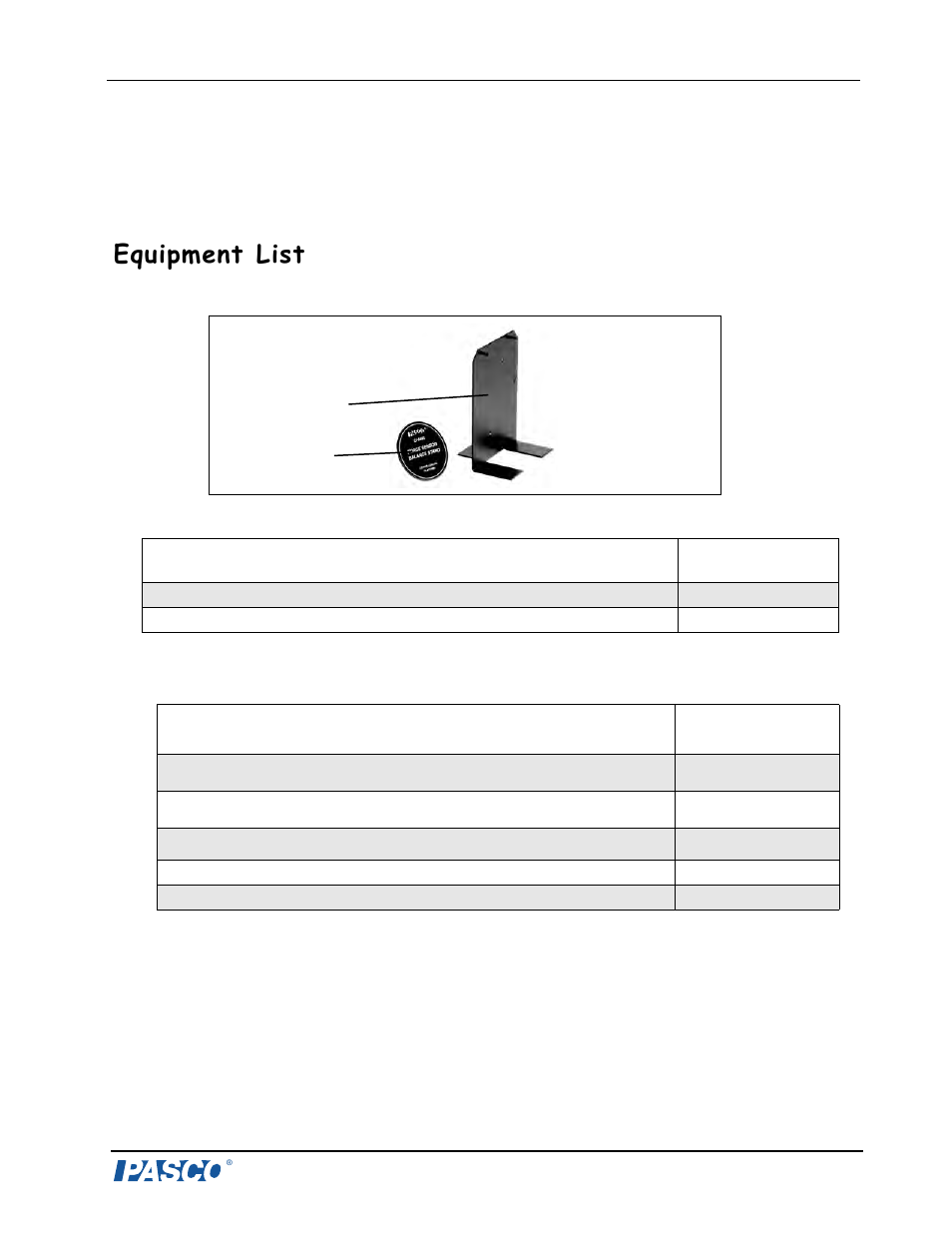 Force sensor balance stand, Equipment list | PASCO CI-6460 Force Sensor Balance Stand User Manual | Page 4 / 14
