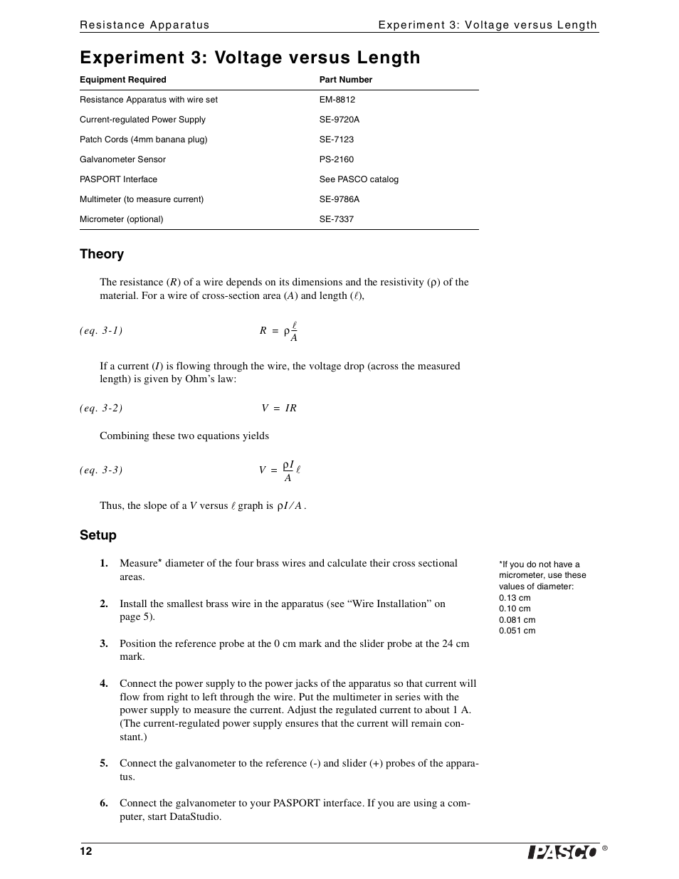 Experiment 3: voltage versus length, Theory, Setup | PASCO EM-8812 Resistance Apparatus User Manual | Page 12 / 18