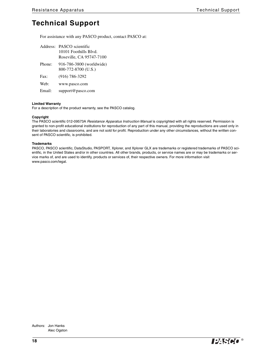 Technical support, Limited warranty, Copyright | Trademarks | PASCO EM-8812 Resistance Apparatus User Manual | Page 18 / 18