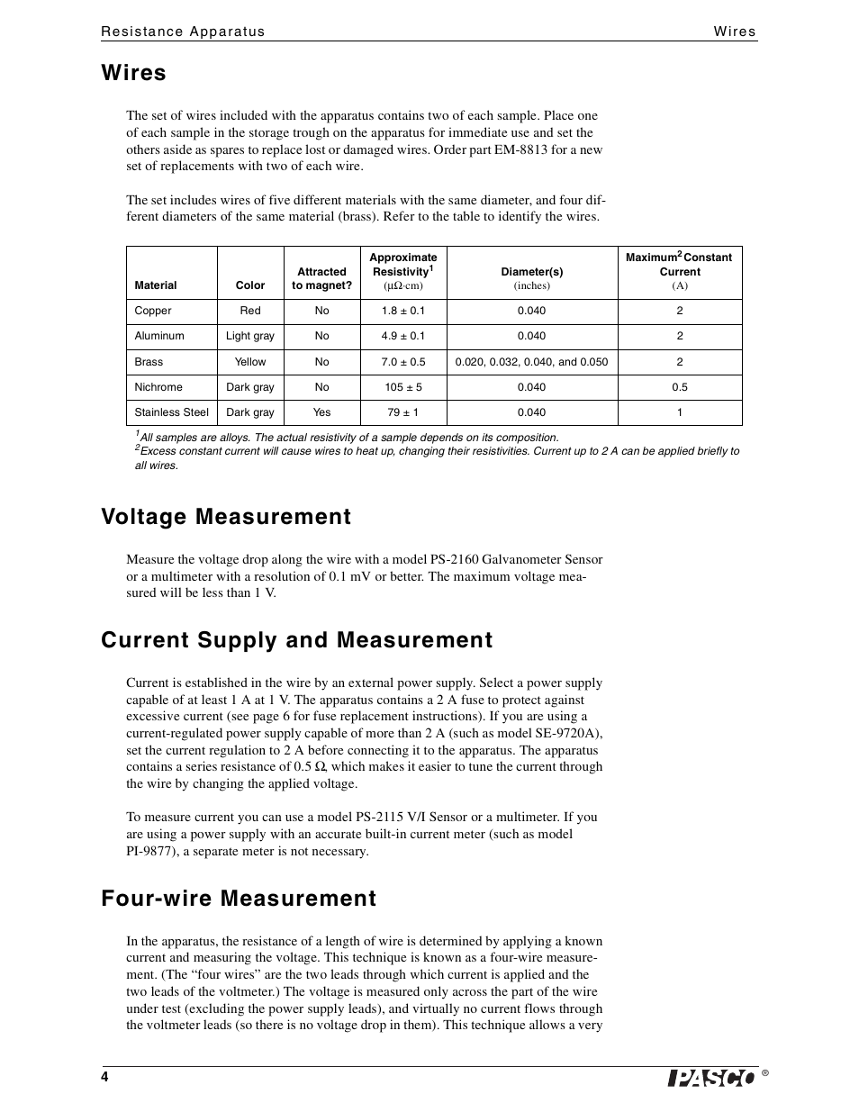 Wires, Voltage measurement, Current supply and measurement | Four-wire measurement | PASCO EM-8812 Resistance Apparatus User Manual | Page 4 / 18