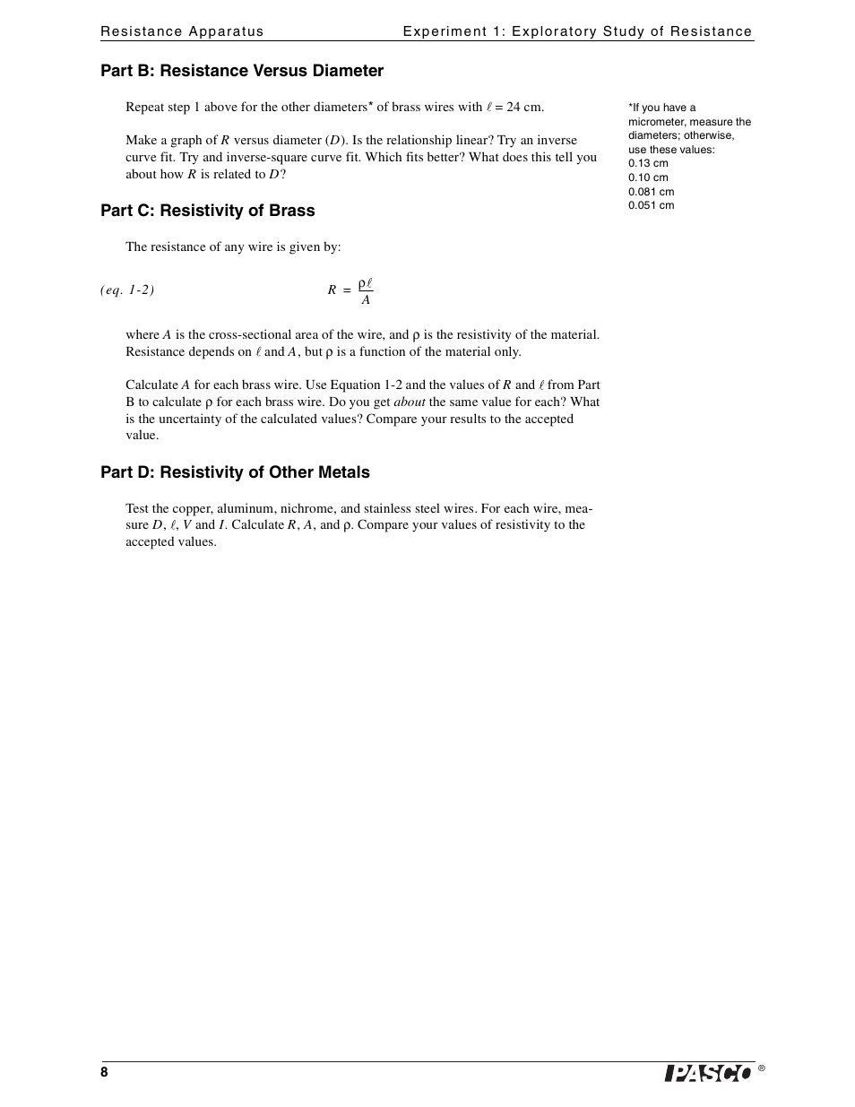 PASCO EM-8812 Resistance Apparatus User Manual | Page 8 / 18