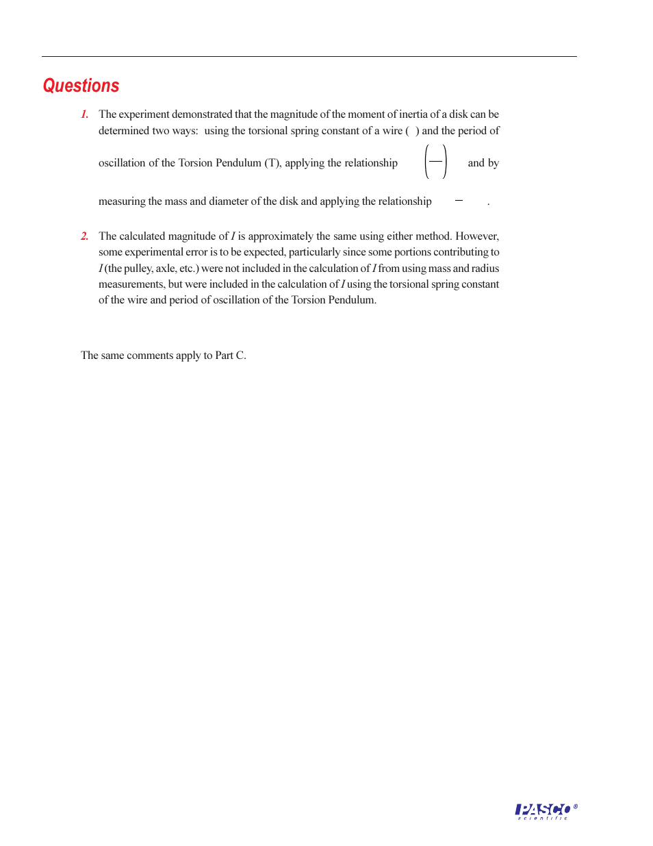 Questions | PASCO ME-6694 TORSION PENDULUM User Manual | Page 20 / 22