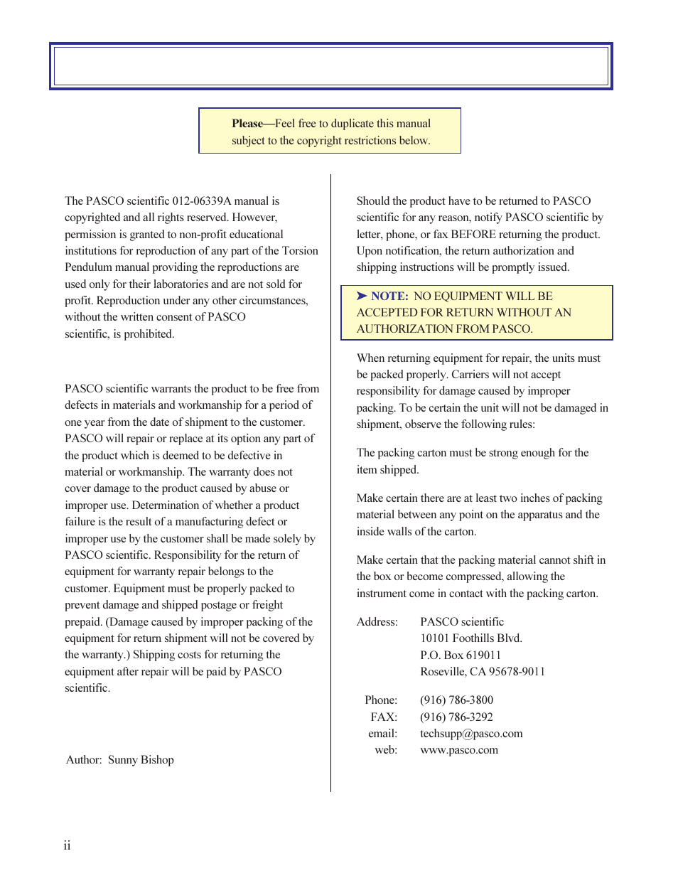 Copyright, warranty, and equipment return | PASCO ME-6694 TORSION PENDULUM User Manual | Page 4 / 22