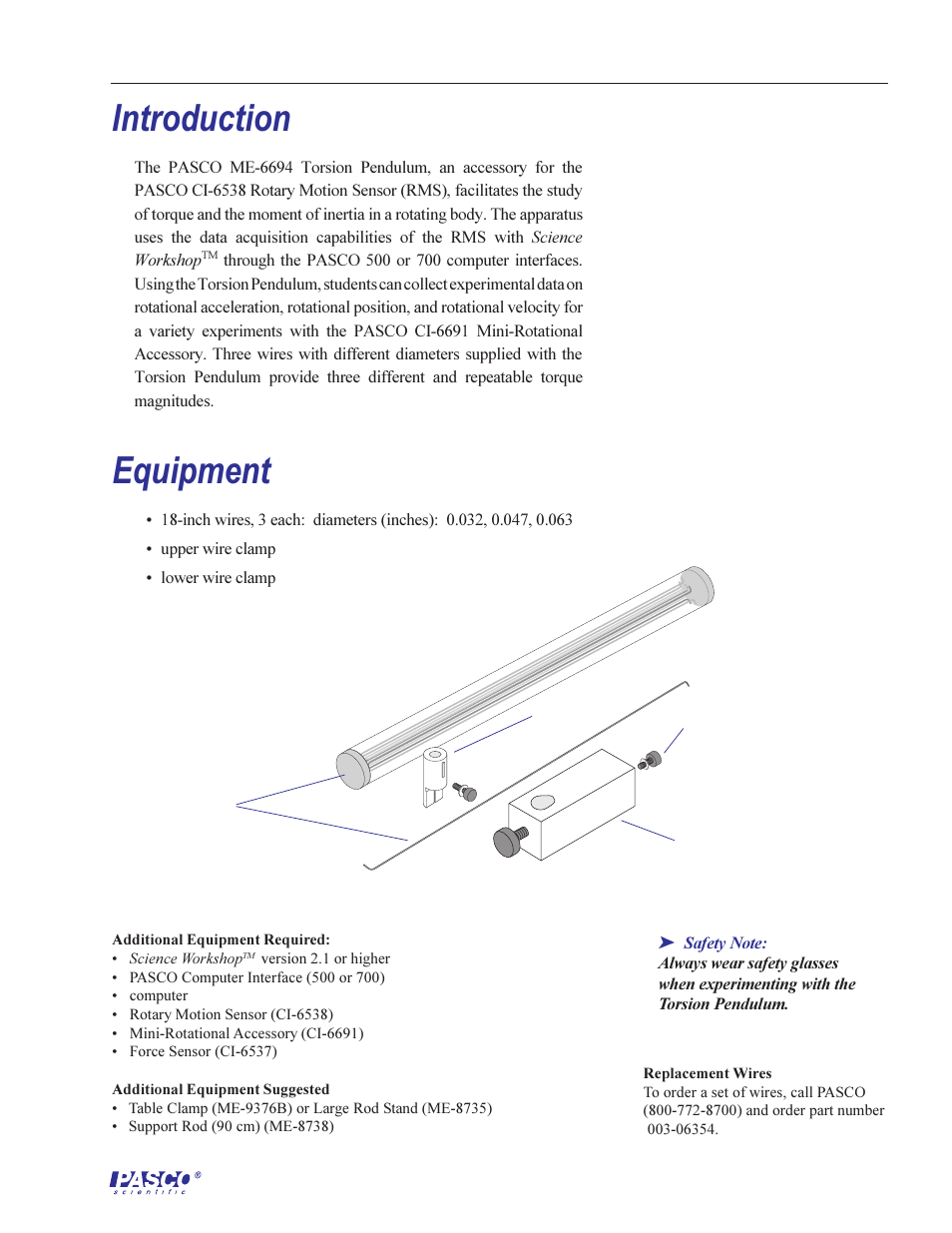 Introduction, Equipment | PASCO ME-6694 TORSION PENDULUM User Manual | Page 5 / 22