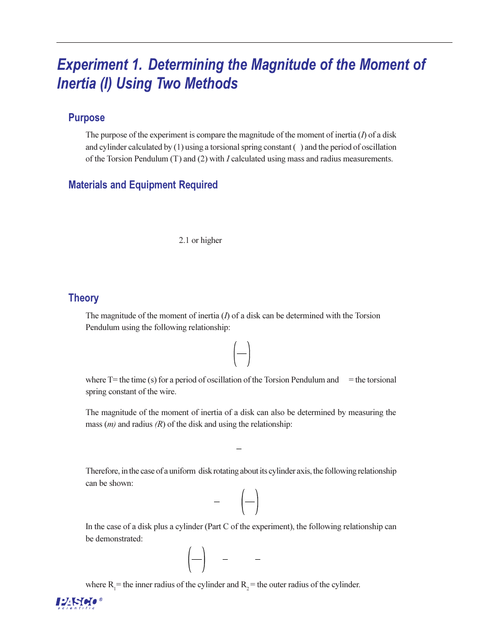 Purpose, Materials and equipment required, Theory | PASCO ME-6694 TORSION PENDULUM User Manual | Page 9 / 22