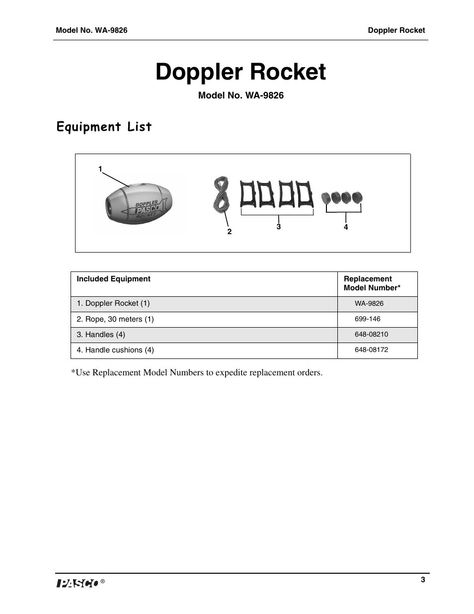 Doppler rocket, Equipment list | PASCO WA-9826 Doppler Rocket User Manual | Page 3 / 8