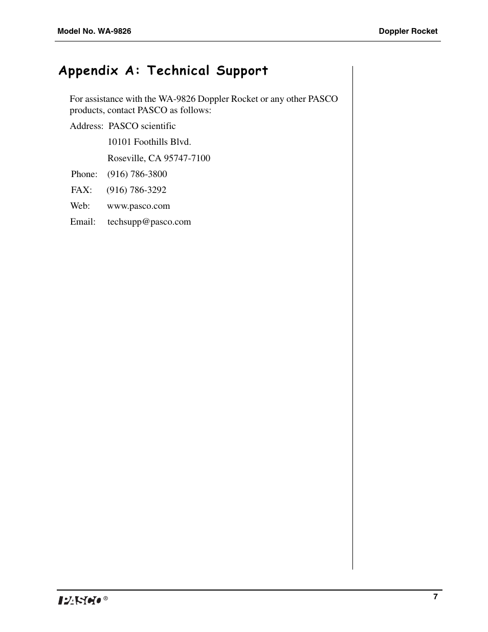 Appendix a: technical support | PASCO WA-9826 Doppler Rocket User Manual | Page 7 / 8
