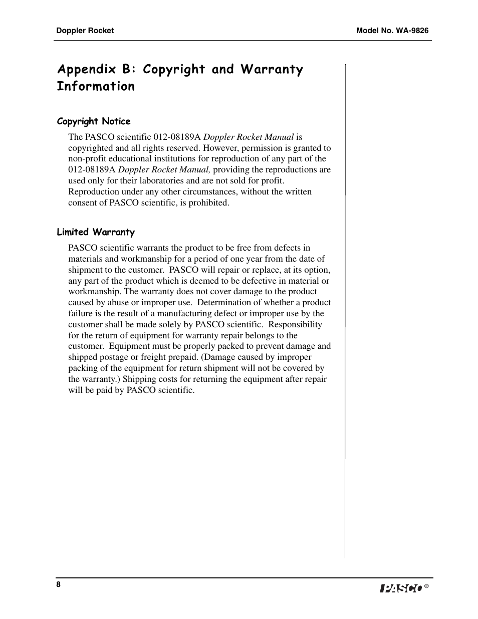 Appendix b: copyright and warranty information | PASCO WA-9826 Doppler Rocket User Manual | Page 8 / 8