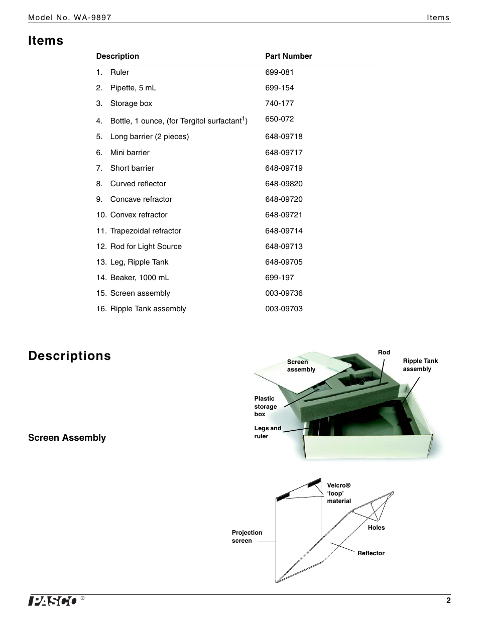 Items descriptions | PASCO WA-9897 Ripple Tank User Manual | Page 2 / 11