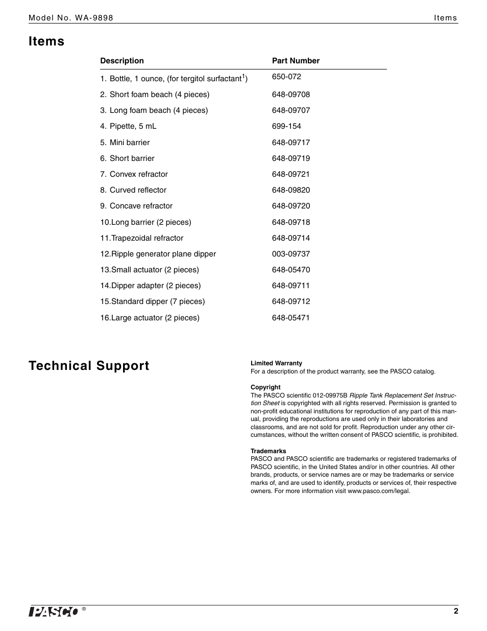 Items technical support | PASCO WA-9898 Ripple Tank Replacement Set User Manual | Page 2 / 9