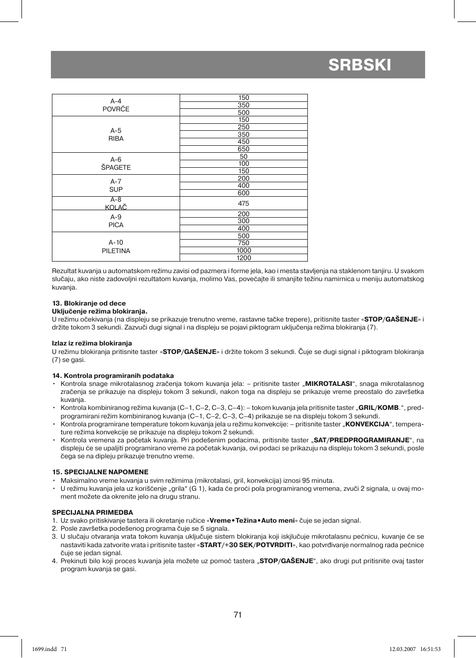 Srbski | Vitek VT-1699 User Manual | Page 71 / 120