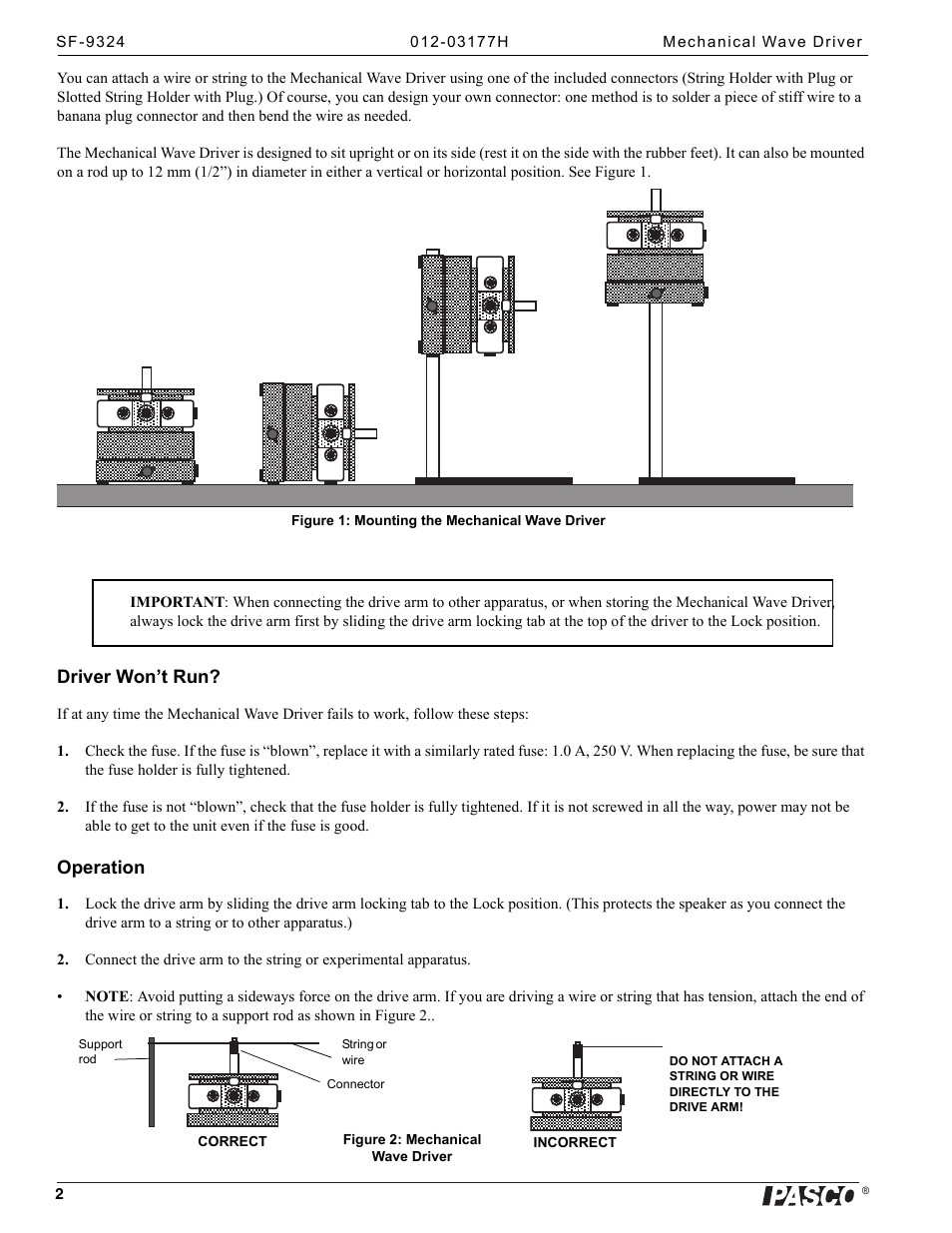 Driver won’t run, Operation | PASCO SF-9324 Mechanical Wave Driver User Manual | Page 2 / 4