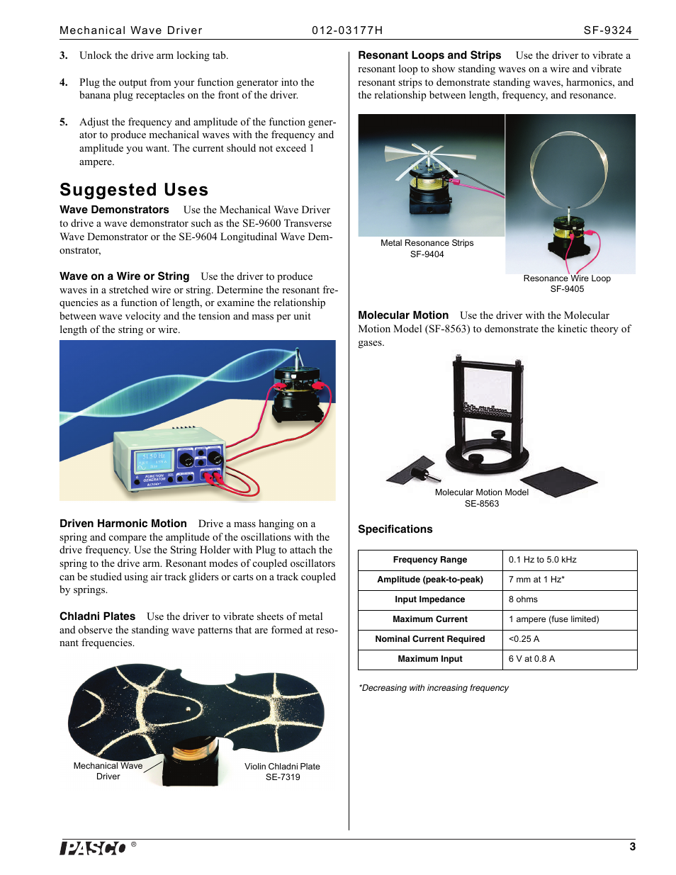 Suggested uses | PASCO SF-9324 Mechanical Wave Driver User Manual | Page 3 / 4