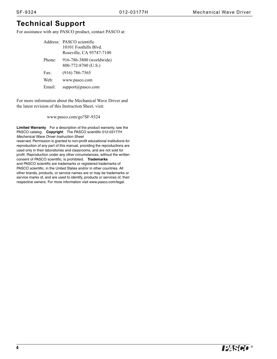 Technical support | PASCO SF-9324 Mechanical Wave Driver User Manual | Page 4 / 4