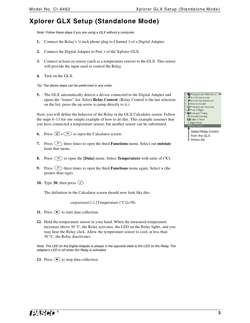 Xplorer glx setup (standalone mode) | PASCO CI-6462 Relay User Manual | Page 3 / 6