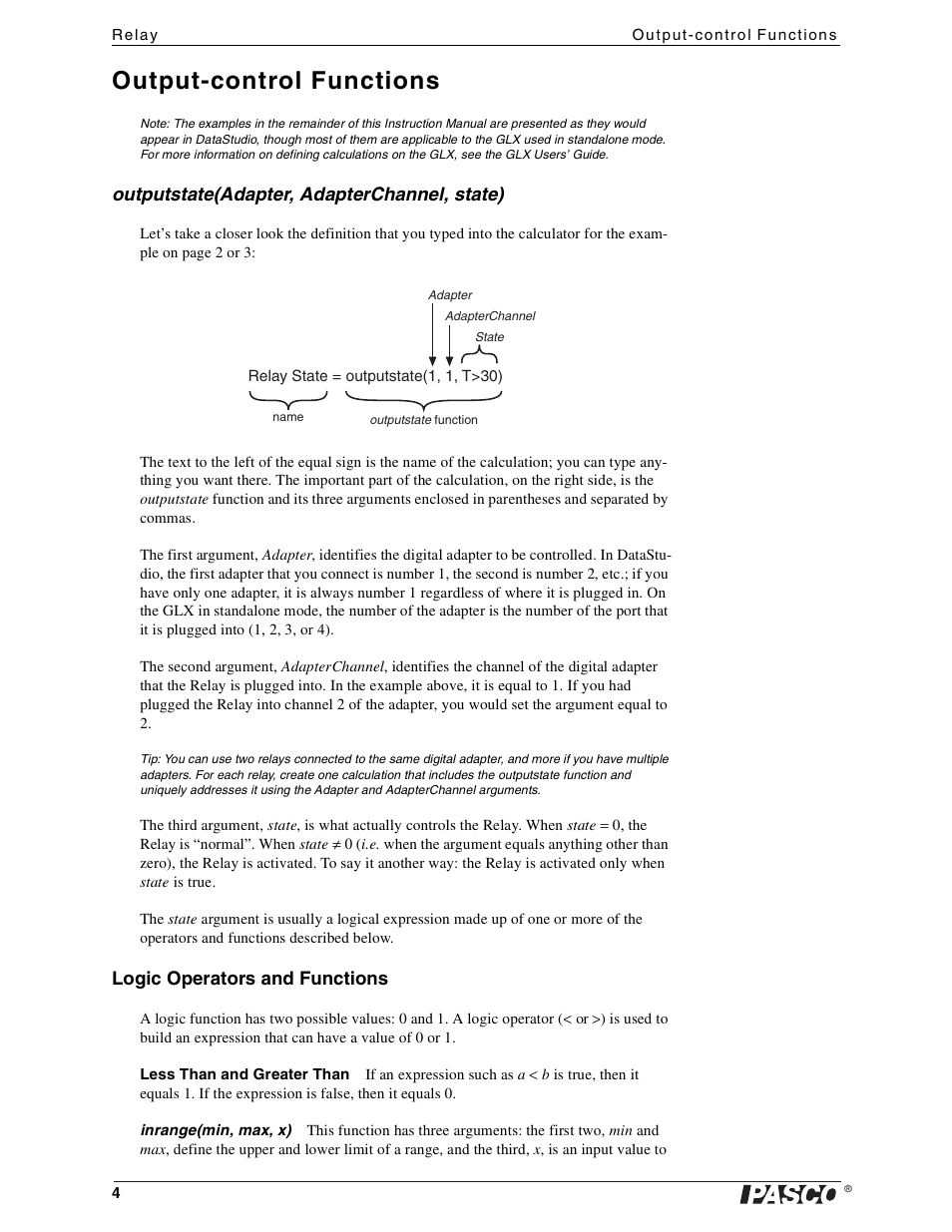 Output-control functions, Outputstate(adapter, adapterchannel, state), Logic operators and functions | PASCO CI-6462 Relay User Manual | Page 4 / 6