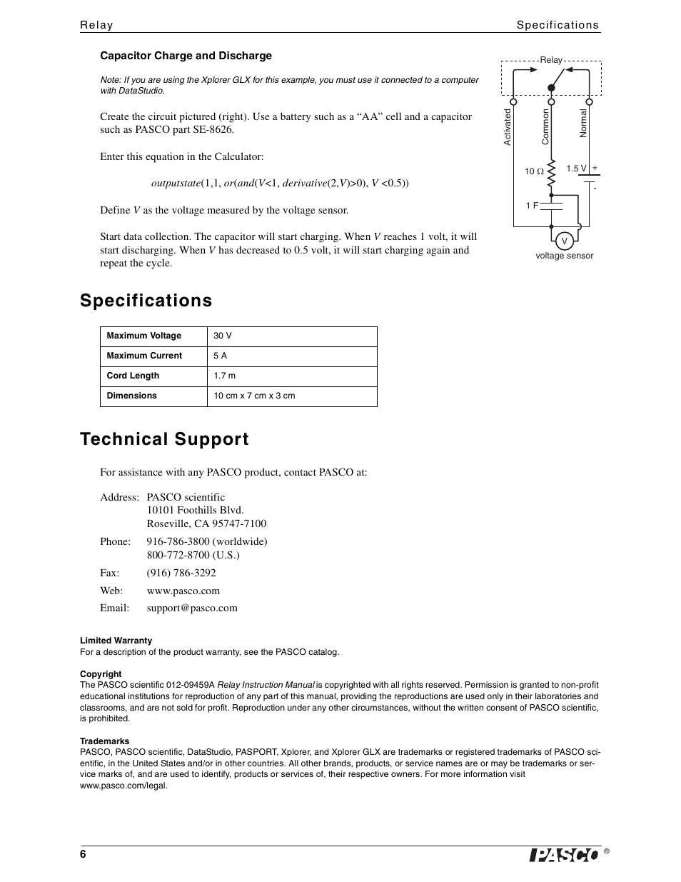 Specifications, Technical support, Limited warranty | Copyright, Trademarks, Specifications technical support | PASCO CI-6462 Relay User Manual | Page 6 / 6