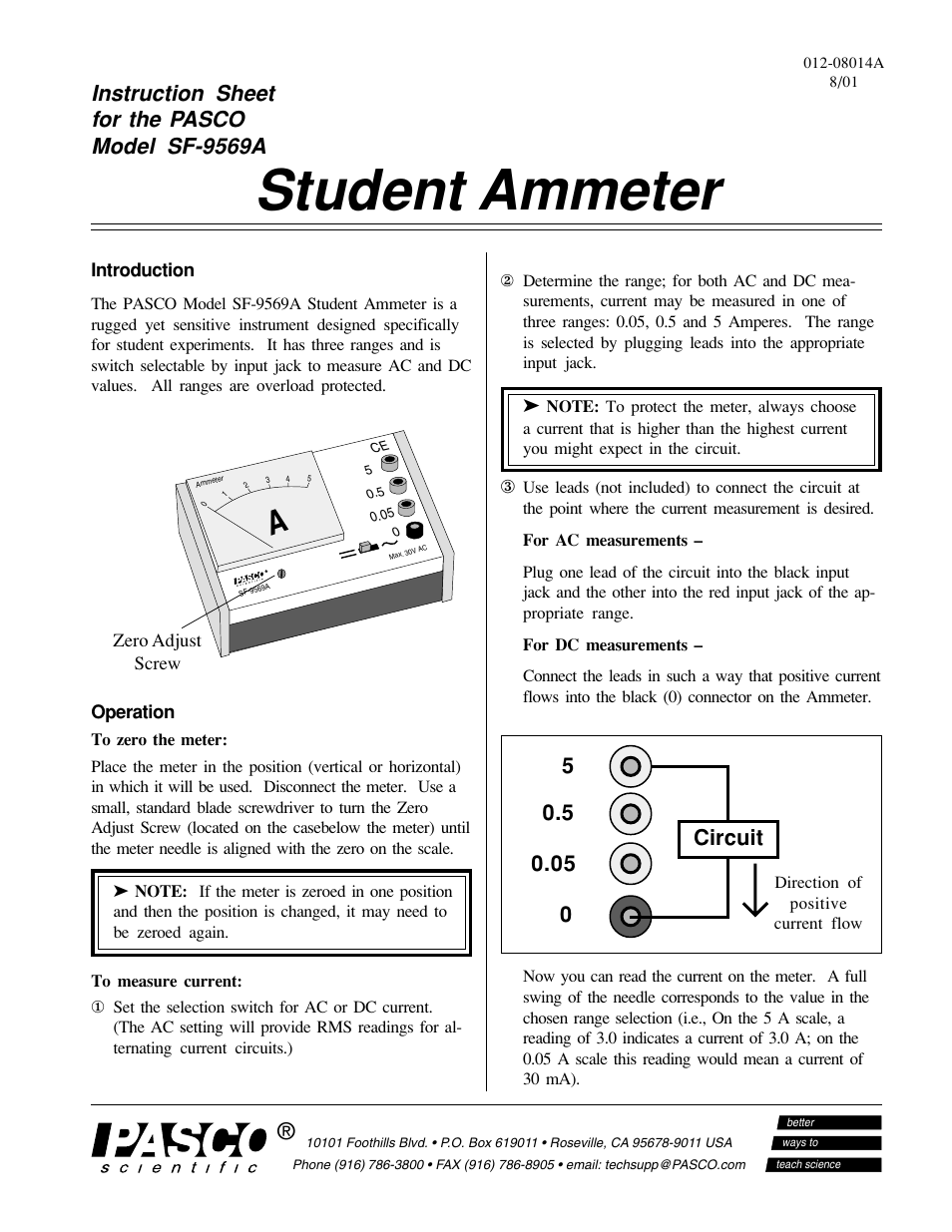 PASCO SF-9569A Student Ammeter User Manual | 2 pages