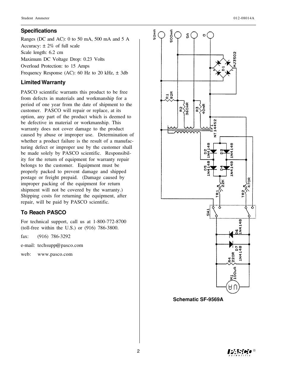 PASCO SF-9569A Student Ammeter User Manual | Page 2 / 2