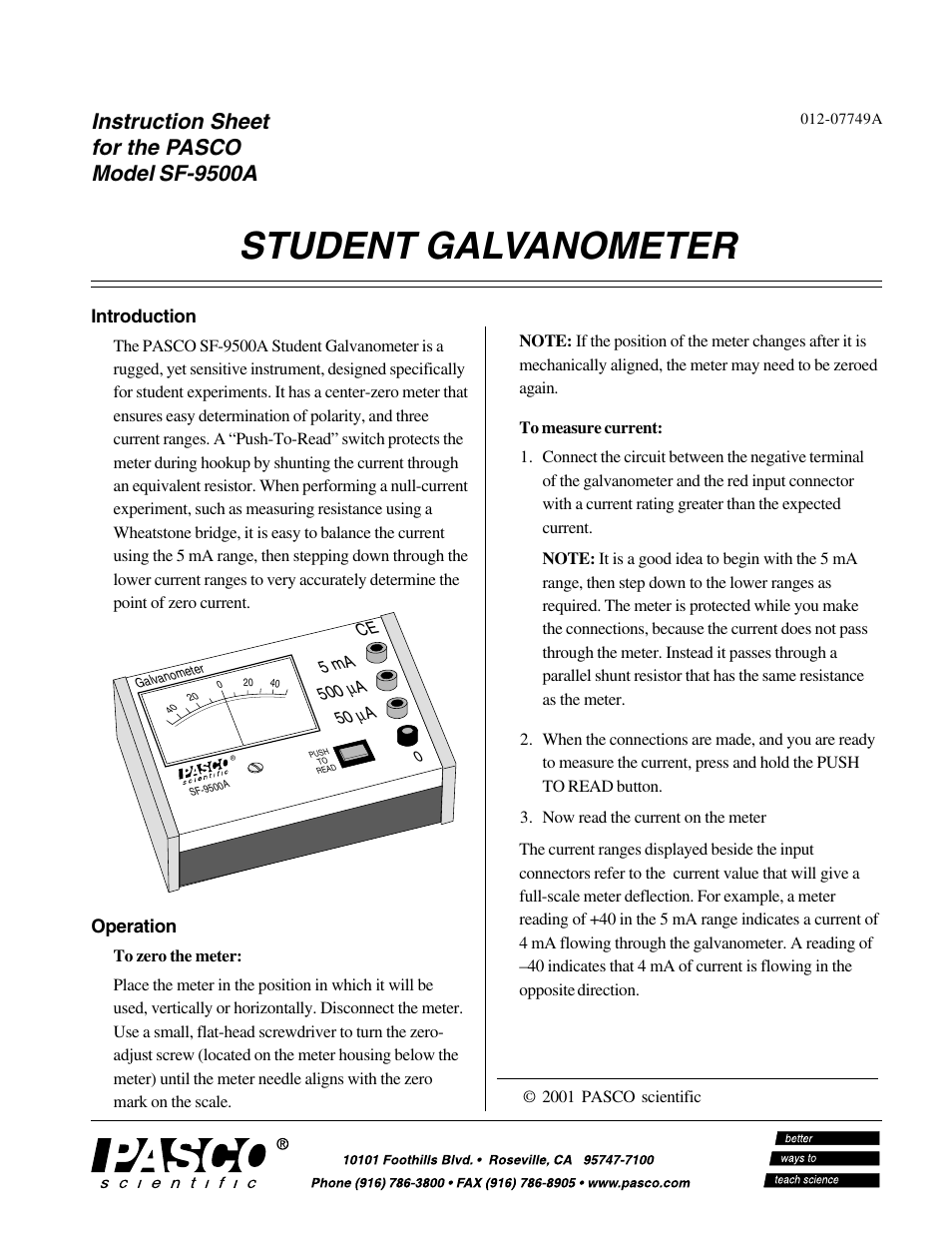 PASCO SF-9500A STUDENT GALVANOMETER User Manual | 2 pages