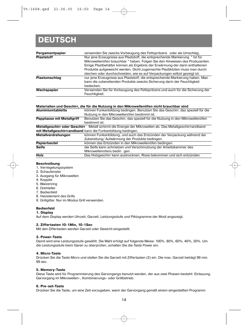 Deutsch | Vitek VT-1668 User Manual | Page 14 / 122