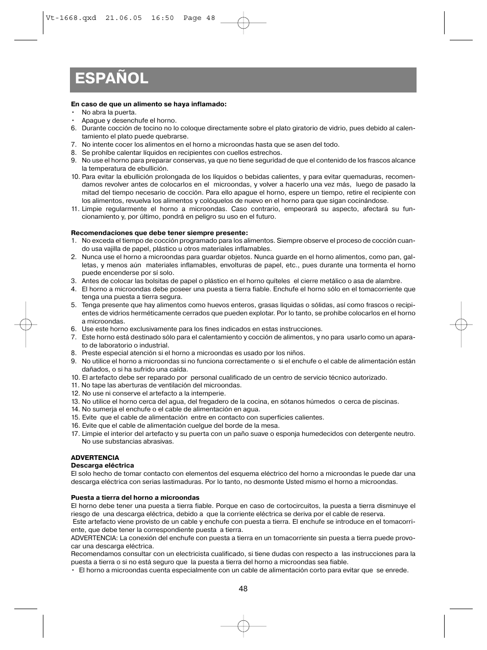 Español | Vitek VT-1668 User Manual | Page 48 / 122