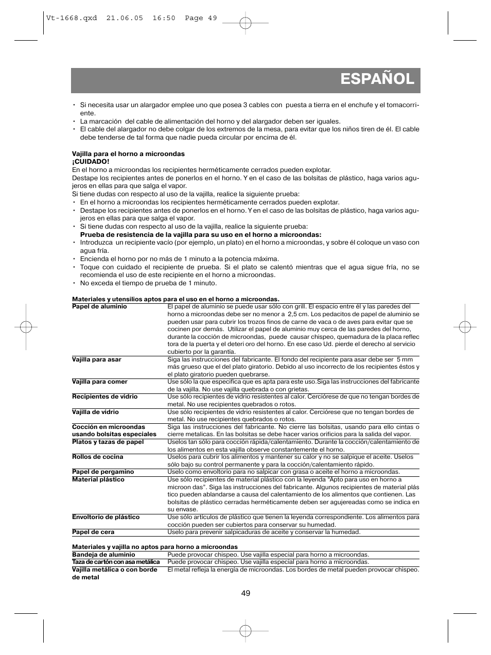 Español | Vitek VT-1668 User Manual | Page 49 / 122