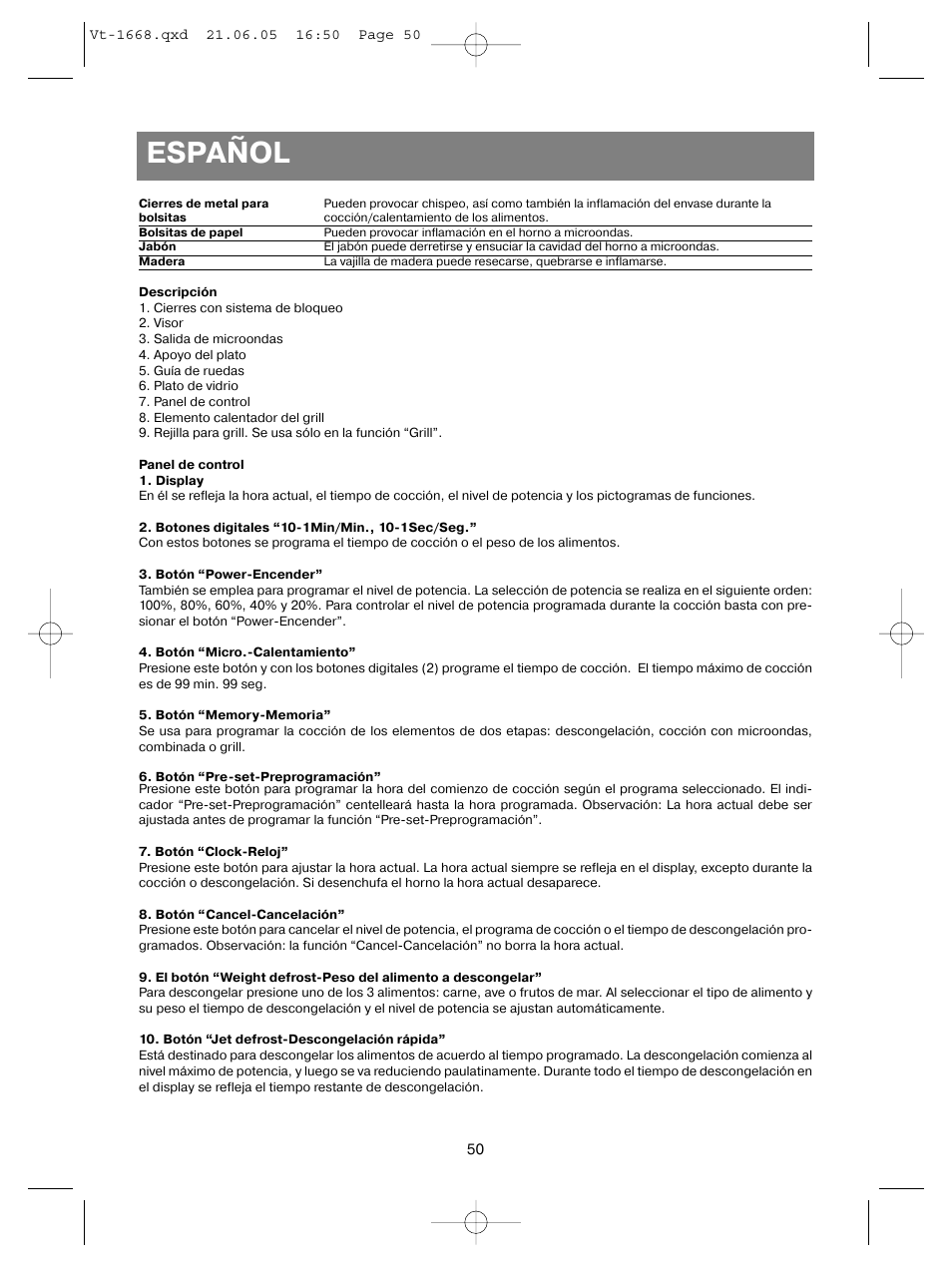 Español | Vitek VT-1668 User Manual | Page 50 / 122