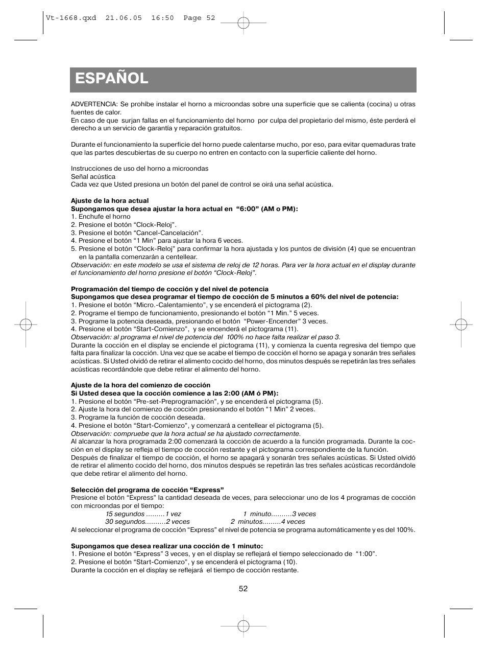 Español | Vitek VT-1668 User Manual | Page 52 / 122
