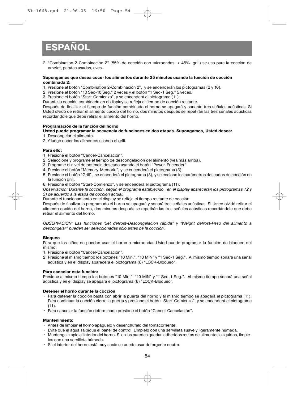 Español | Vitek VT-1668 User Manual | Page 54 / 122