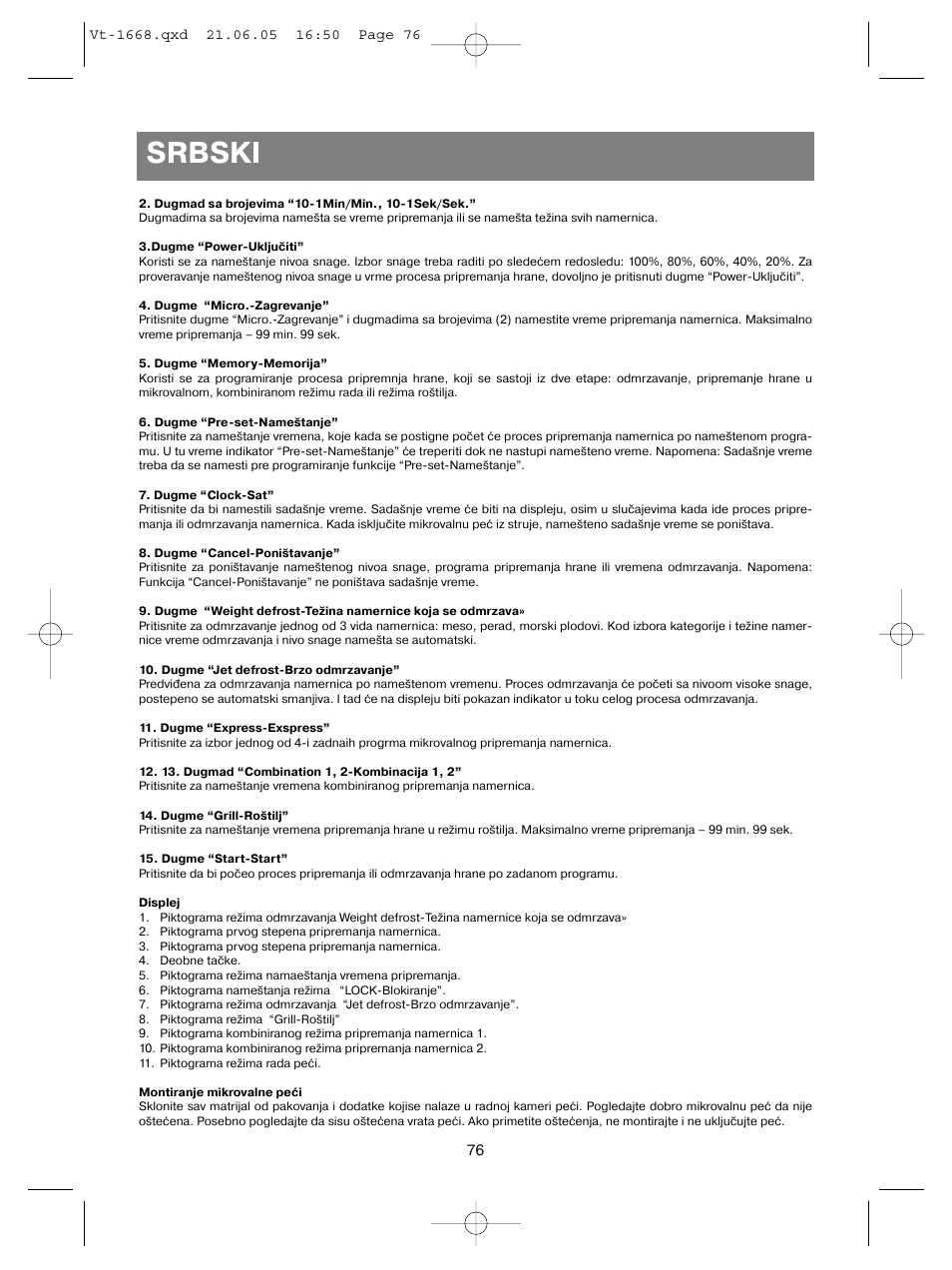 Srbski | Vitek VT-1668 User Manual | Page 76 / 122