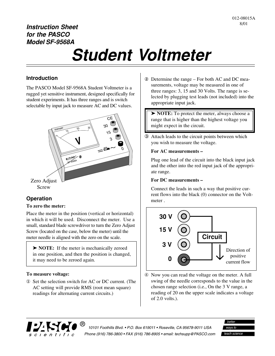 PASCO SF-9568A Student Voltmeter User Manual | 2 pages