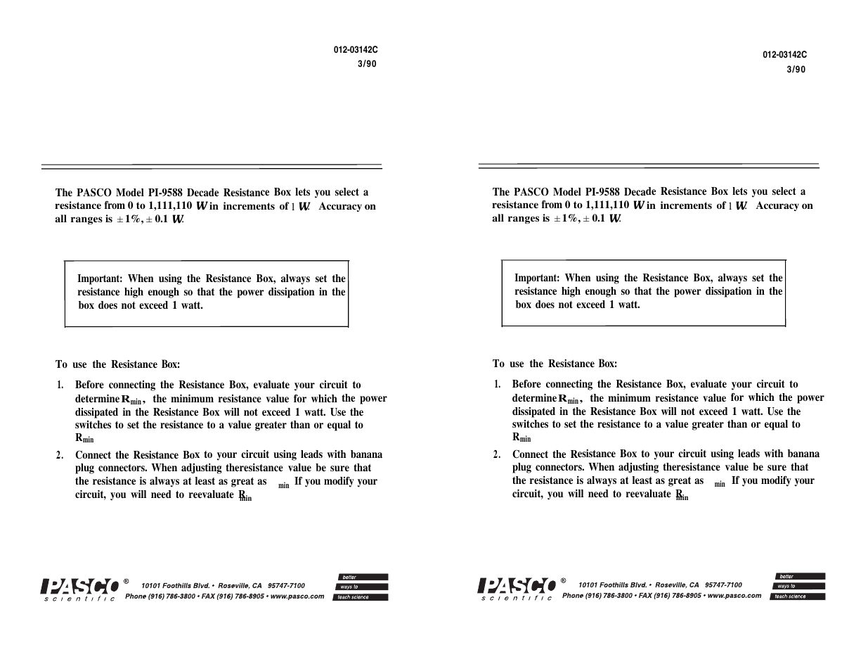 PASCO PI-9588 DECADE RESISTANCE BOX User Manual | 1 page