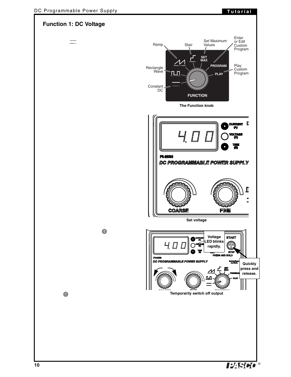 Function 1: dc voltage | PASCO PI-9880 Power Supply User Manual | Page 10 / 38